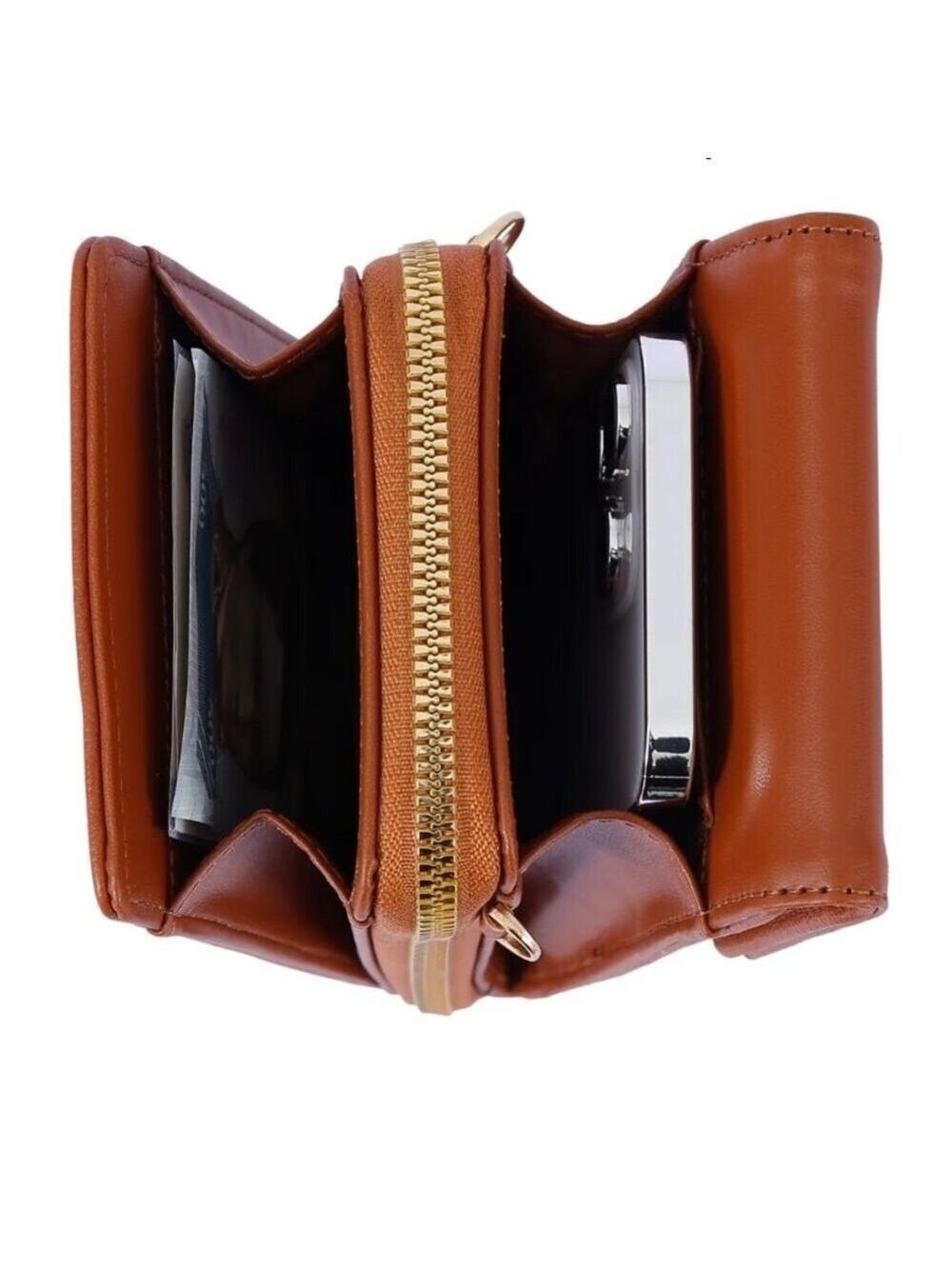 BLACK LEATHER PHONE CROSSBODY BAG DOUBLE COMPARTMENT DONNA & BECKY ELEGANT DAISY - Picture 4 of 5